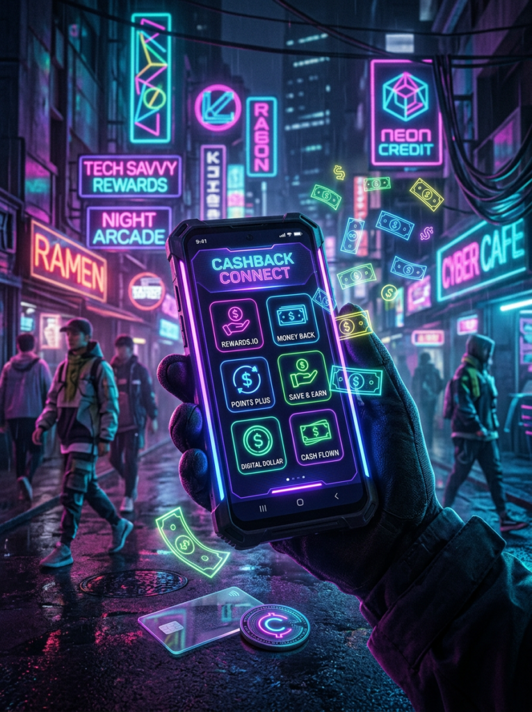 Smartphone displaying cashback app with neon icons in busy urban street at night