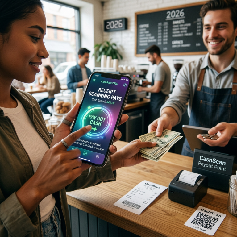Customer using CashScan app to cash out earnings at a cafe counter