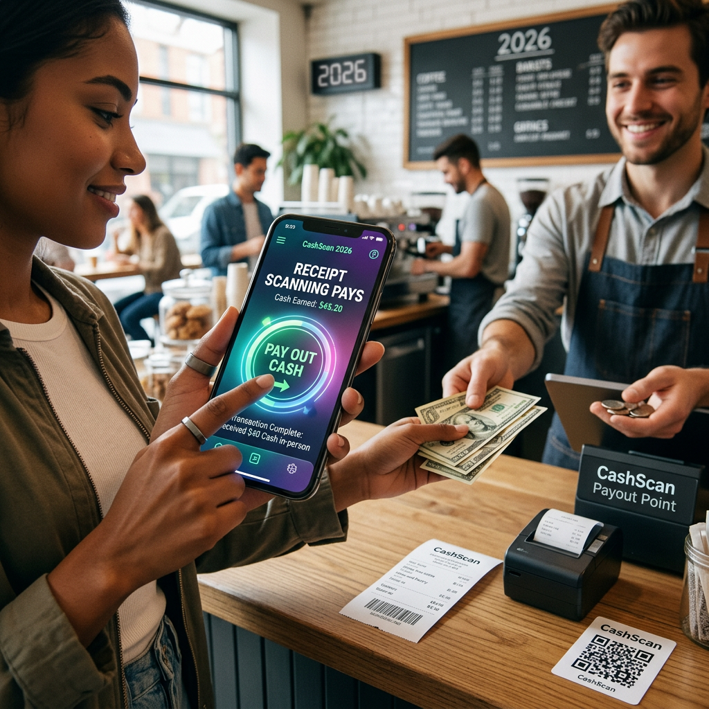 Customer using CashScan app to cash out earnings at a cafe counter
