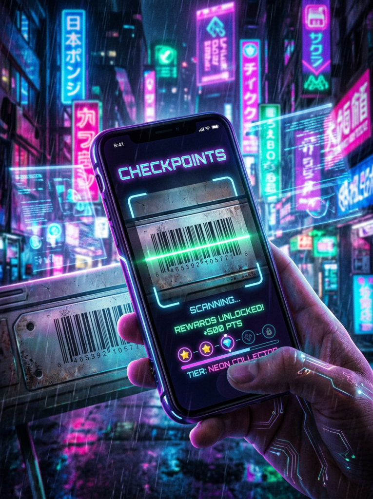 Smartphone screen scanning barcode with rewards unlocked in neon cityscape