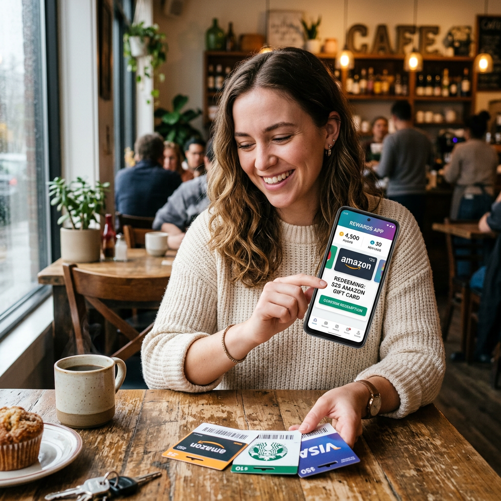 Woman redeeming $25 Amazon gift card in rewards app at cafe