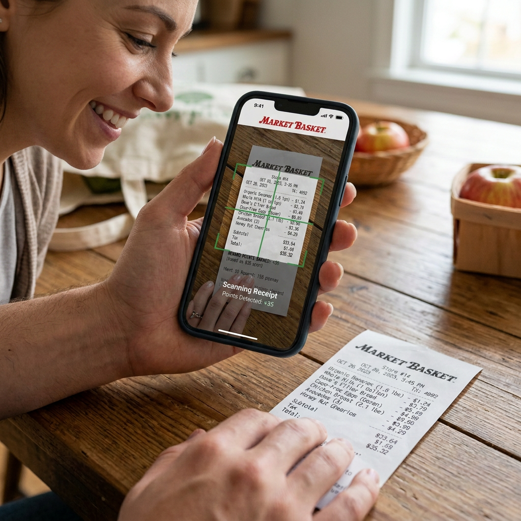 Smartphone displaying Market Basket grocery receipt and rewards points next to printed receipt