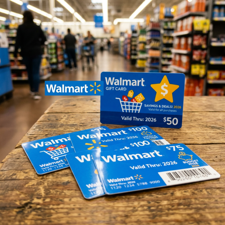 Walmart gift cards of $50, $75, and $100 amounts on wooden table